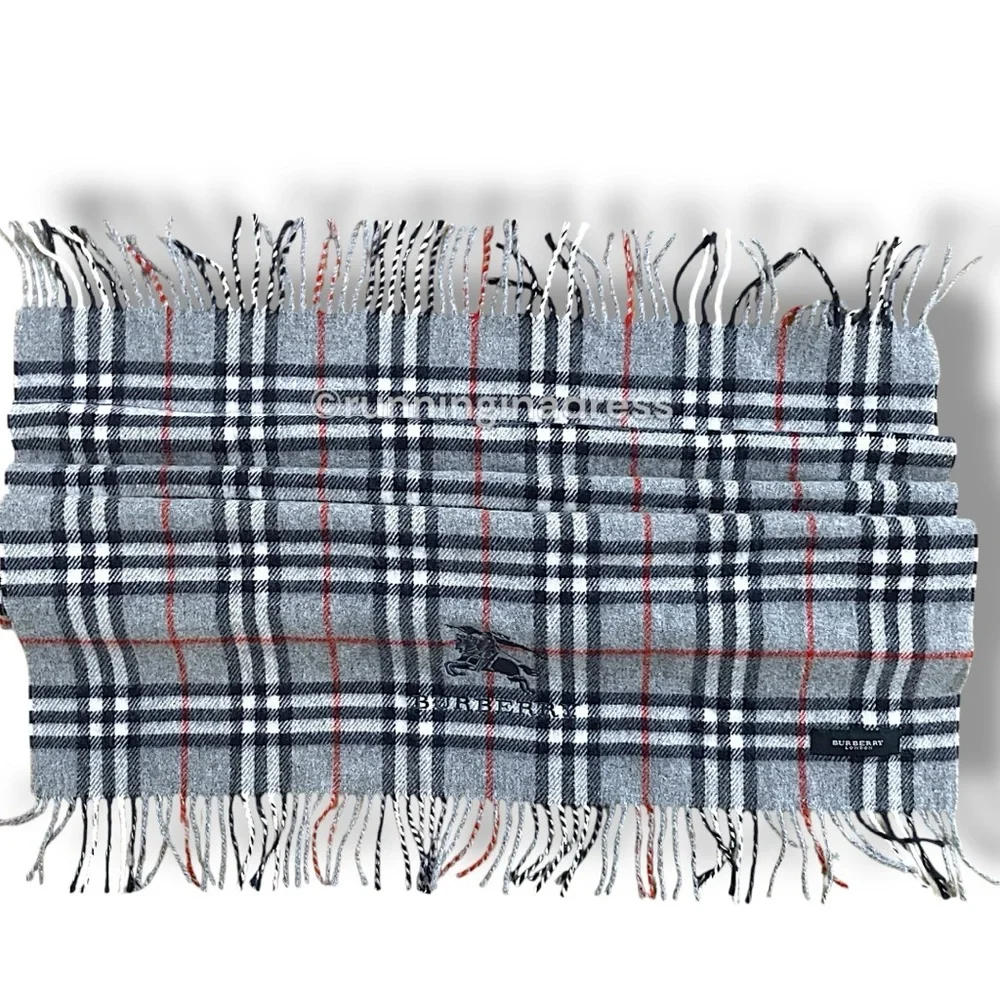 Vintage Burberry Nova Check Blanket Scarf Equestrian Knight Logo Grey Navy Blue